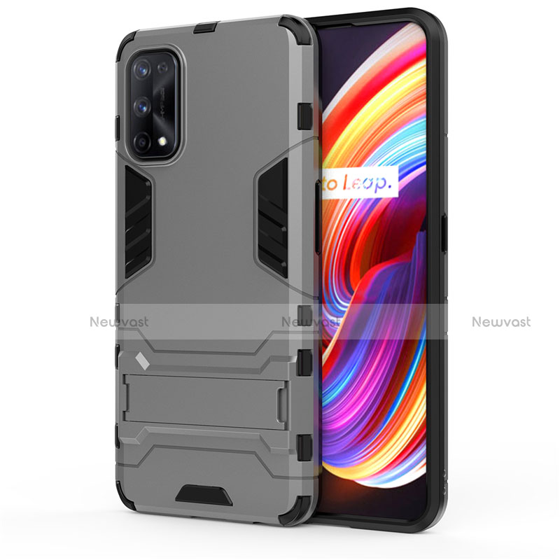 Silicone Matte Finish and Plastic Back Cover Case with Stand for Realme 7 Pro Gray