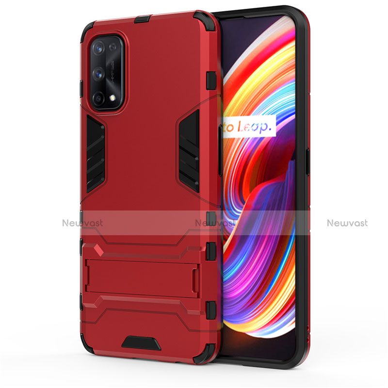 Silicone Matte Finish and Plastic Back Cover Case with Stand for Realme 7 Pro Red