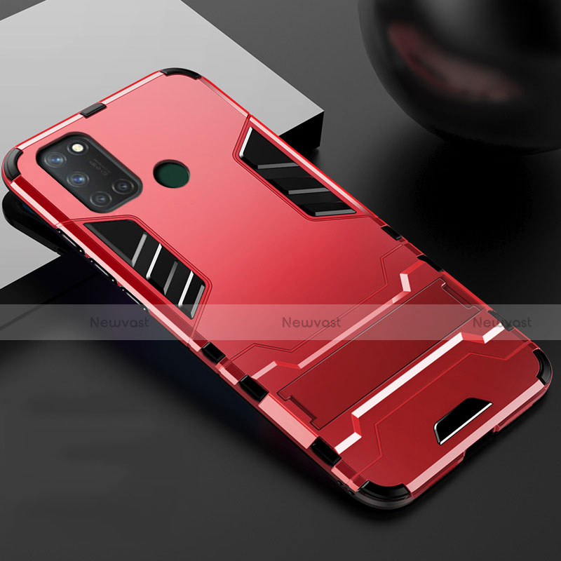 Silicone Matte Finish and Plastic Back Cover Case with Stand for Realme C17 Red