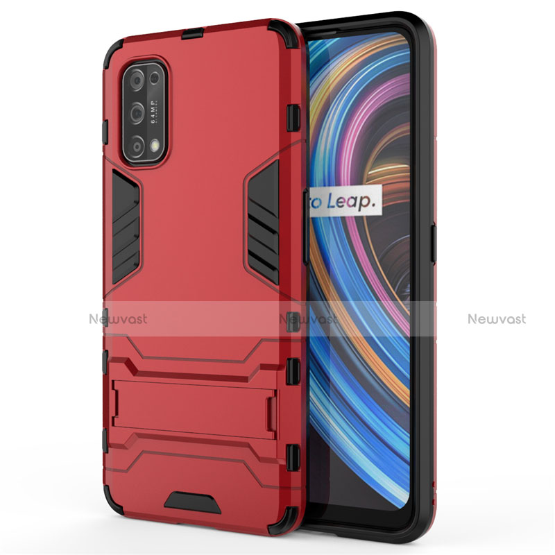 Silicone Matte Finish and Plastic Back Cover Case with Stand for Realme X7 Pro 5G Red