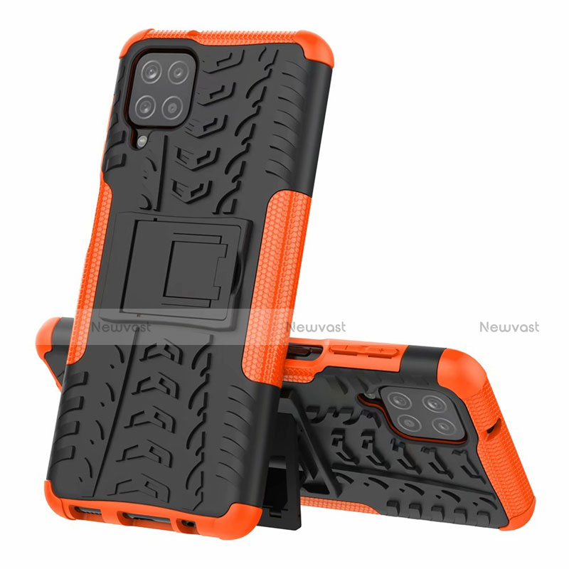 Silicone Matte Finish and Plastic Back Cover Case with Stand for Samsung Galaxy A12 Orange