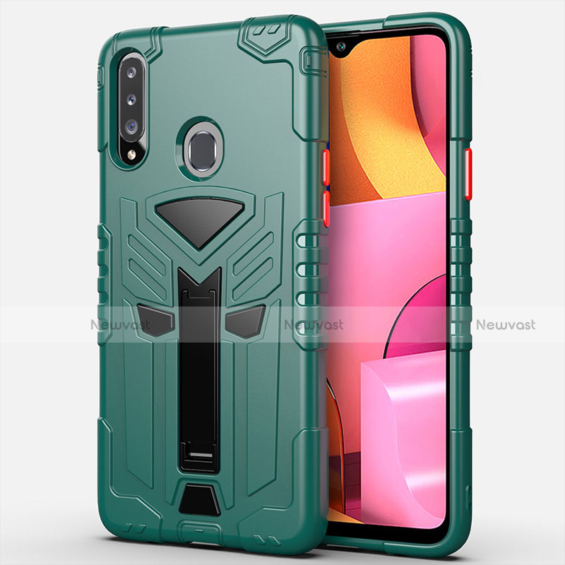 Silicone Matte Finish and Plastic Back Cover Case with Stand for Samsung Galaxy A20s Green