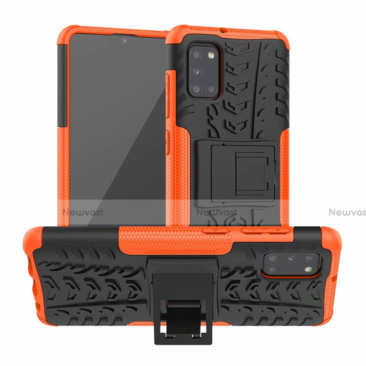Silicone Matte Finish and Plastic Back Cover Case with Stand for Samsung Galaxy A31 Orange