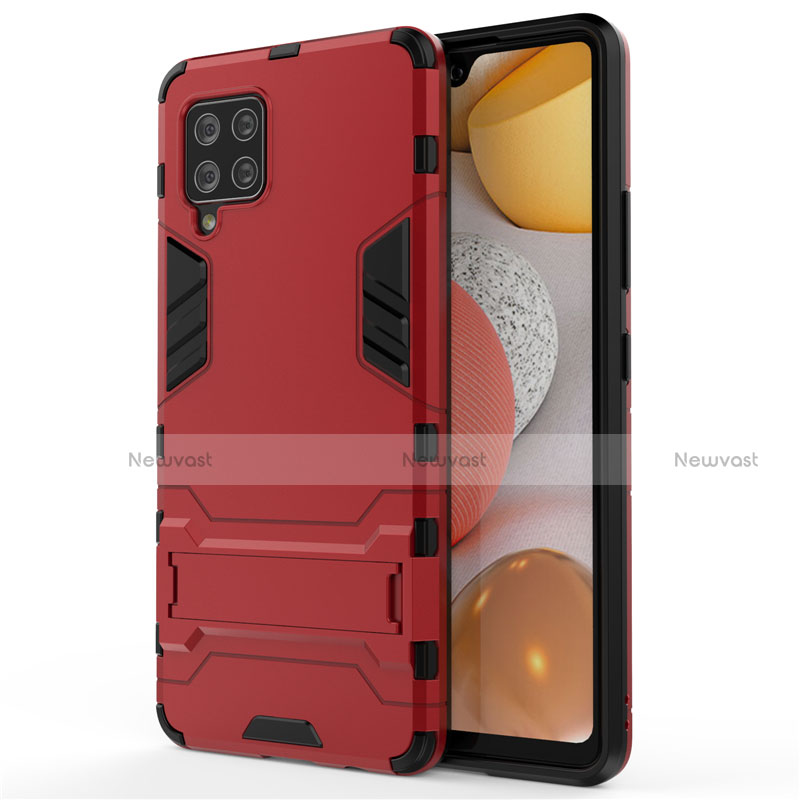 Silicone Matte Finish and Plastic Back Cover Case with Stand for Samsung Galaxy A42 5G Red