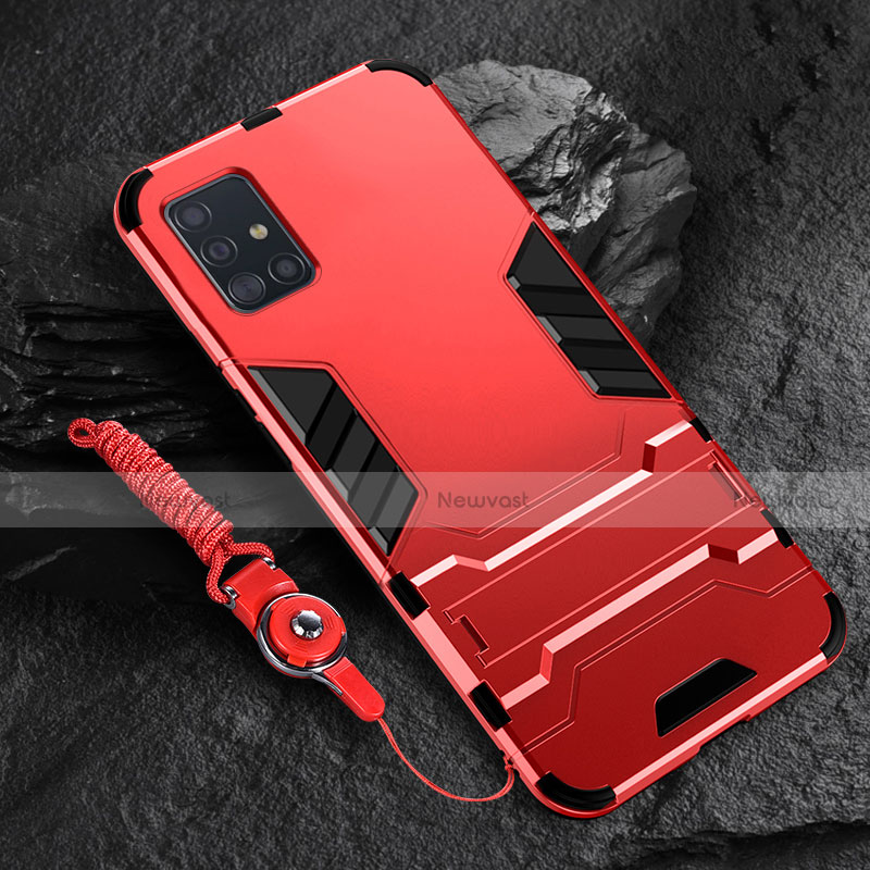 Silicone Matte Finish and Plastic Back Cover Case with Stand for Samsung Galaxy A51 5G Red