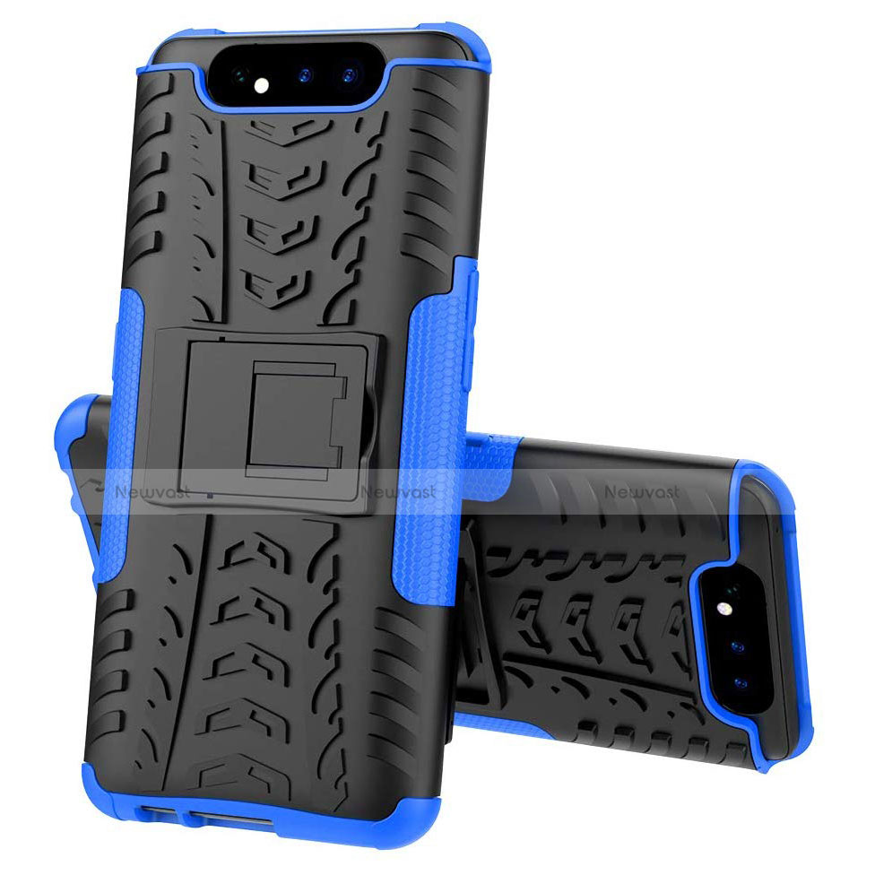 Silicone Matte Finish and Plastic Back Cover Case with Stand for Samsung Galaxy A80 Blue