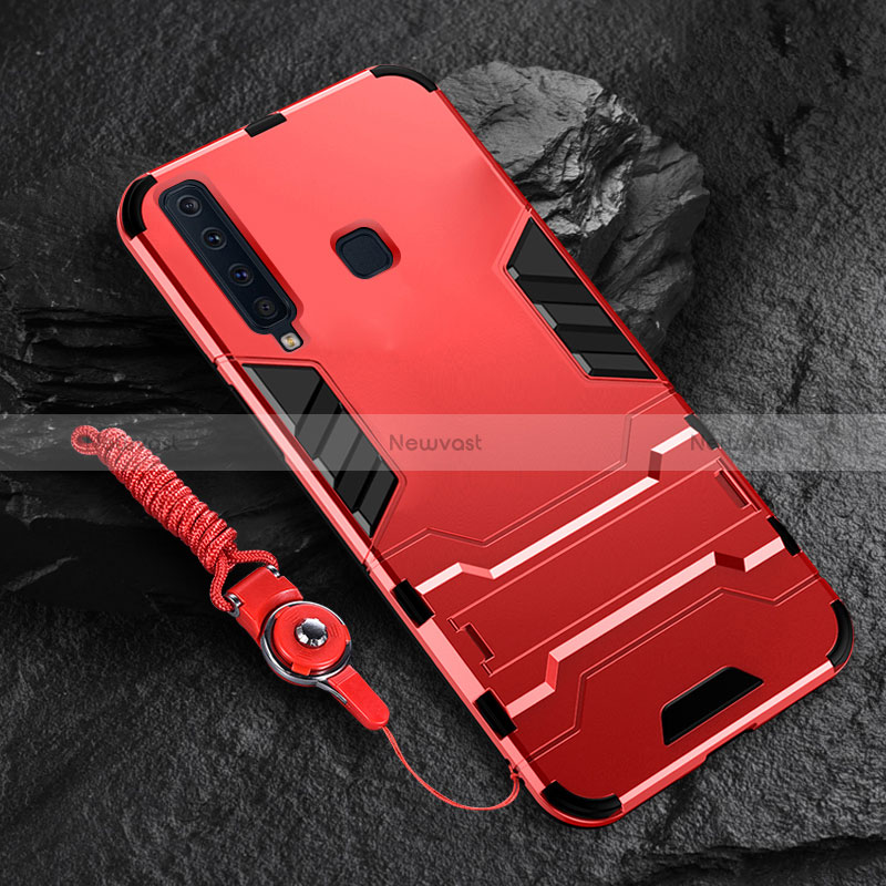 Silicone Matte Finish and Plastic Back Cover Case with Stand for Samsung Galaxy A9 Star Pro Red