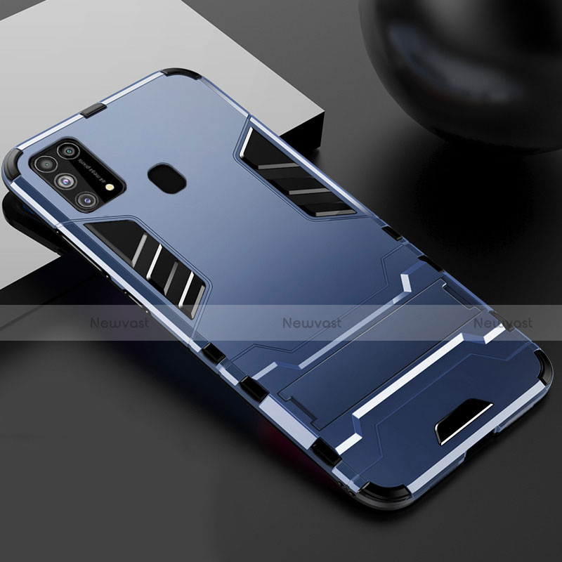 Silicone Matte Finish and Plastic Back Cover Case with Stand for Samsung Galaxy M21s Blue