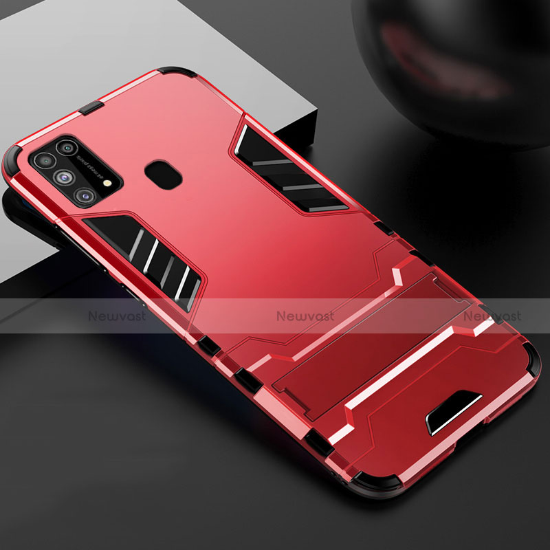 Silicone Matte Finish and Plastic Back Cover Case with Stand for Samsung Galaxy M21s Red