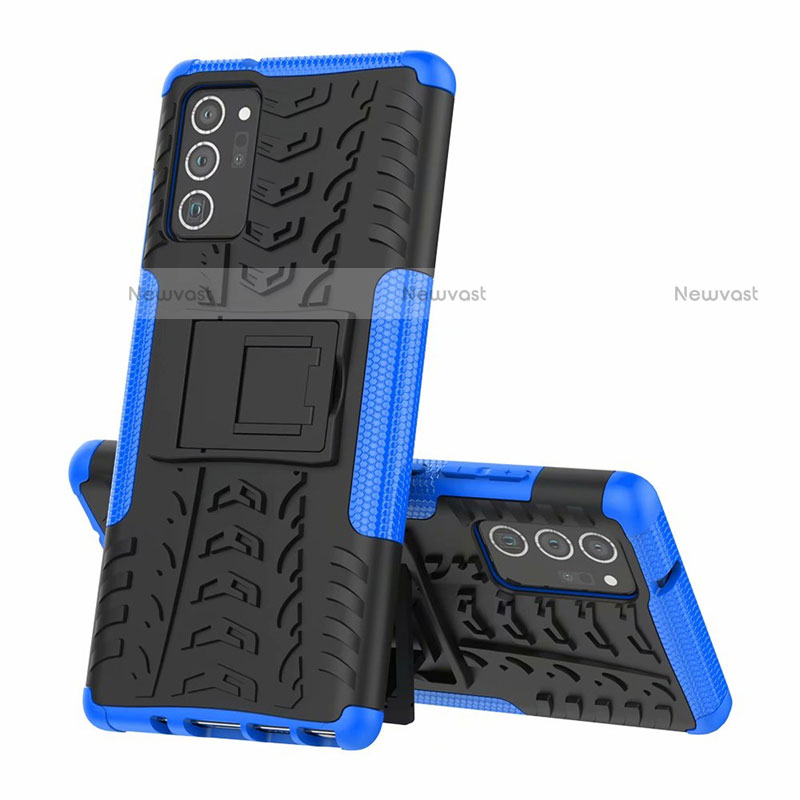 Silicone Matte Finish and Plastic Back Cover Case with Stand for Samsung Galaxy Note 20 5G Blue