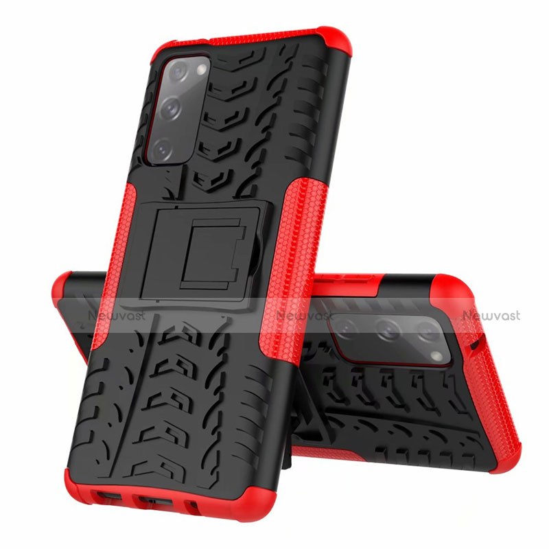 Silicone Matte Finish and Plastic Back Cover Case with Stand for Samsung Galaxy S20 FE 5G Red