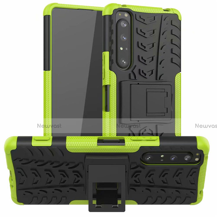 Silicone Matte Finish and Plastic Back Cover Case with Stand for Sony Xperia 1 II Green
