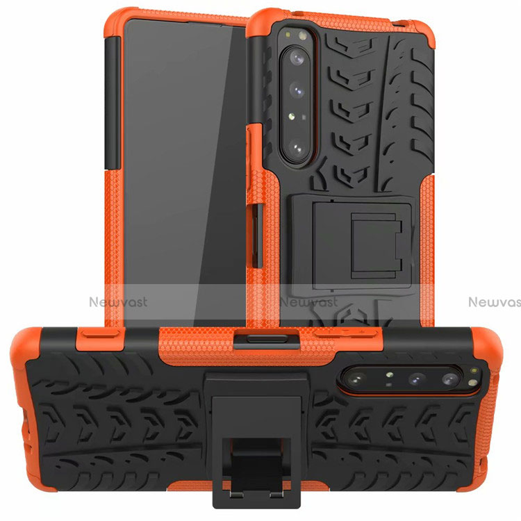Silicone Matte Finish and Plastic Back Cover Case with Stand for Sony Xperia 1 II Orange