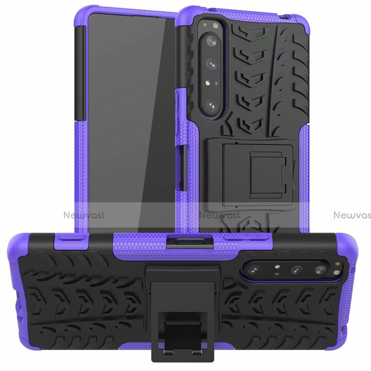 Silicone Matte Finish and Plastic Back Cover Case with Stand for Sony Xperia 1 II Purple