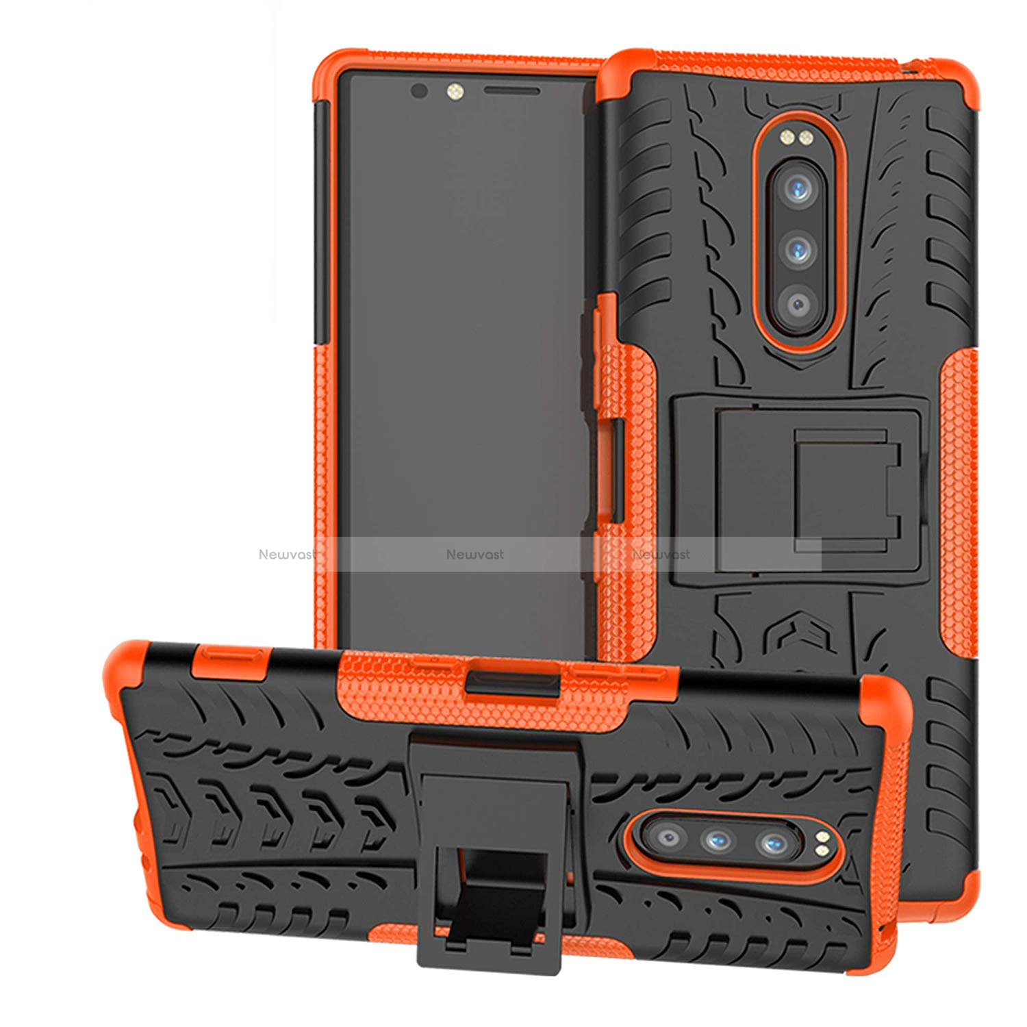 Silicone Matte Finish and Plastic Back Cover Case with Stand for Sony Xperia 1 Orange