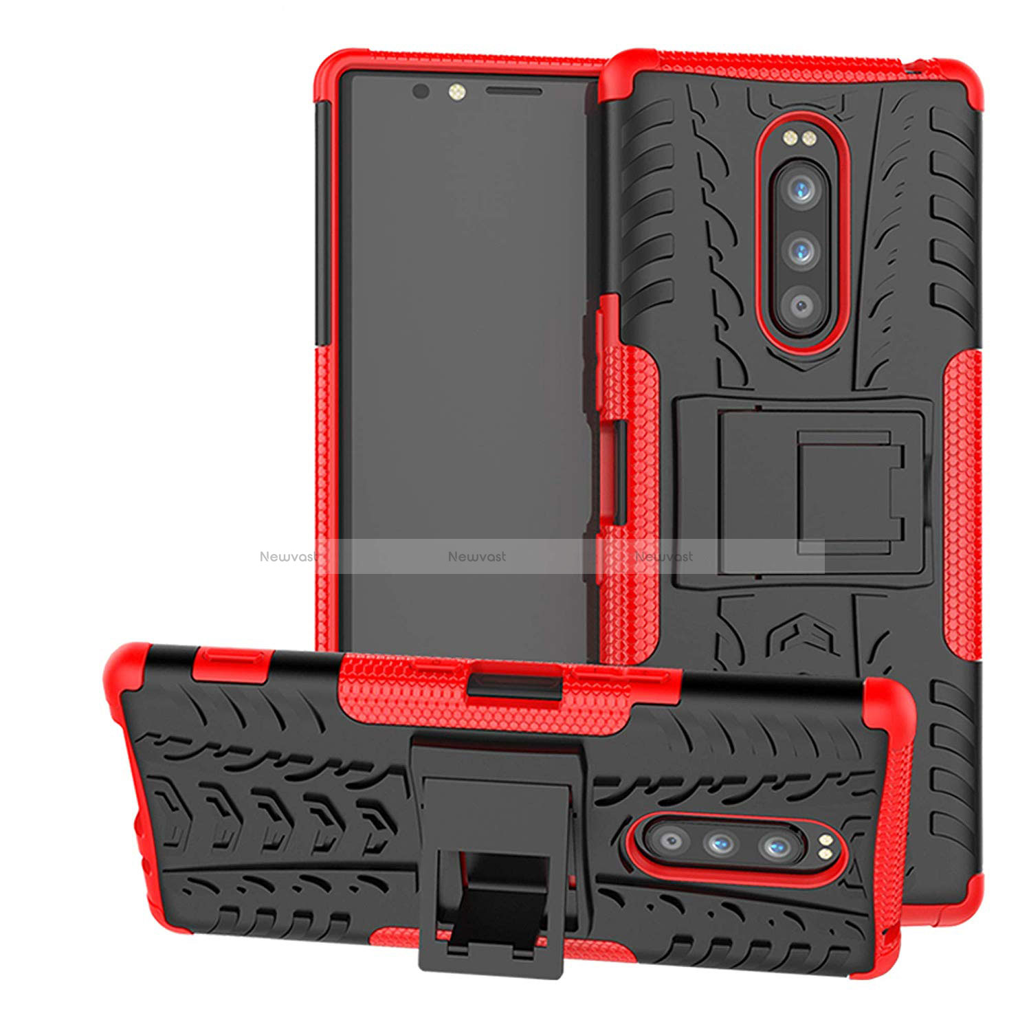 Silicone Matte Finish and Plastic Back Cover Case with Stand for Sony Xperia 1 Red