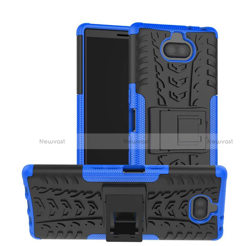 Silicone Matte Finish and Plastic Back Cover Case with Stand for Sony Xperia 10 Plus Blue