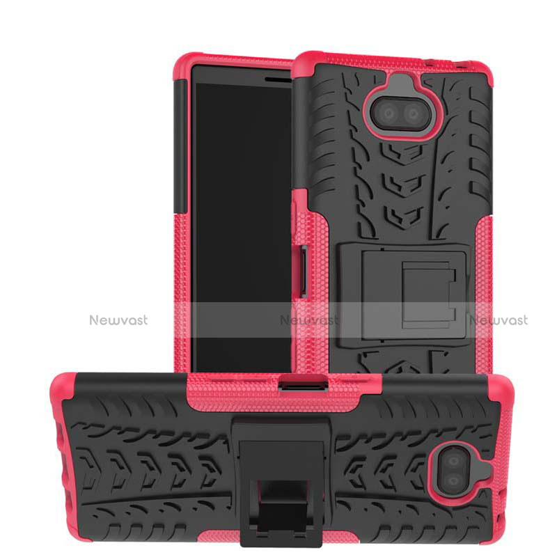 Silicone Matte Finish and Plastic Back Cover Case with Stand for Sony Xperia 10 Plus Hot Pink