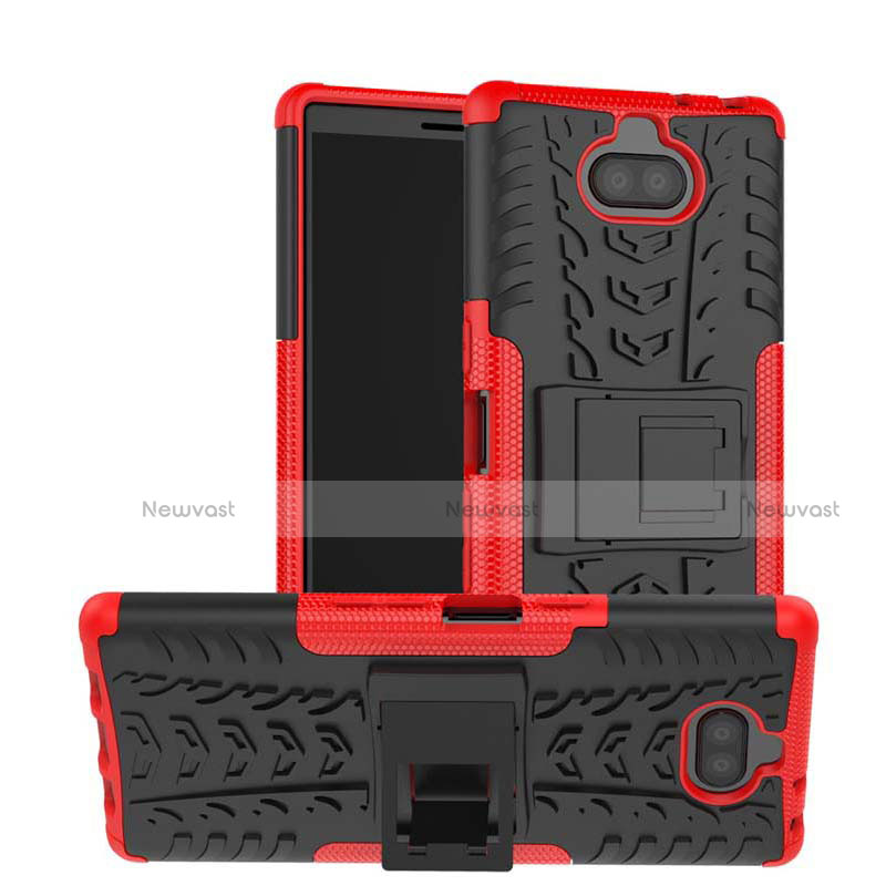 Silicone Matte Finish and Plastic Back Cover Case with Stand for Sony Xperia 10 Plus Red