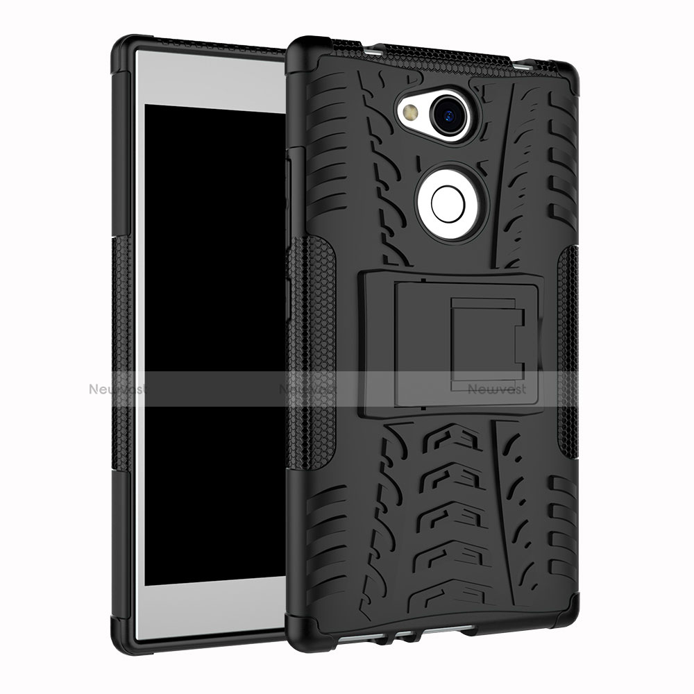 Silicone Matte Finish and Plastic Back Cover Case with Stand for Sony Xperia L2 Black