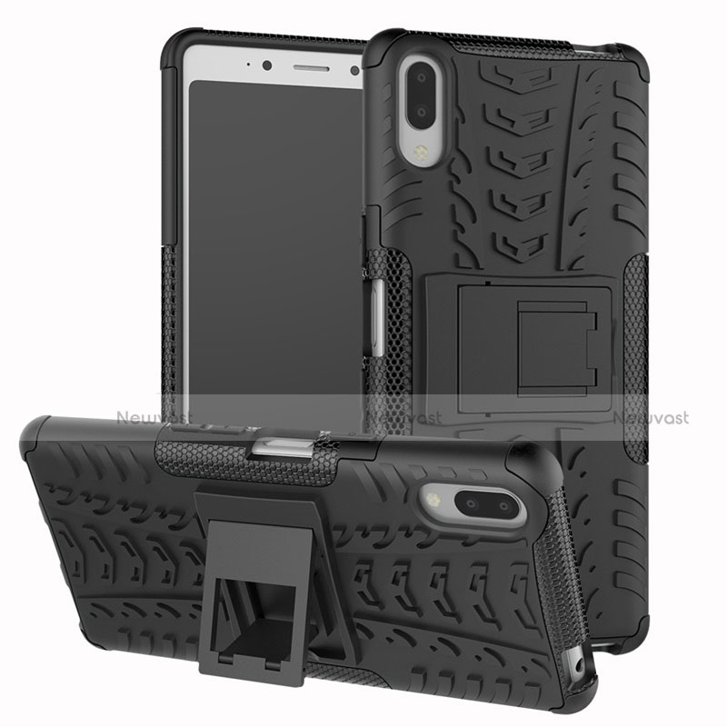 Silicone Matte Finish and Plastic Back Cover Case with Stand for Sony Xperia L3 Black