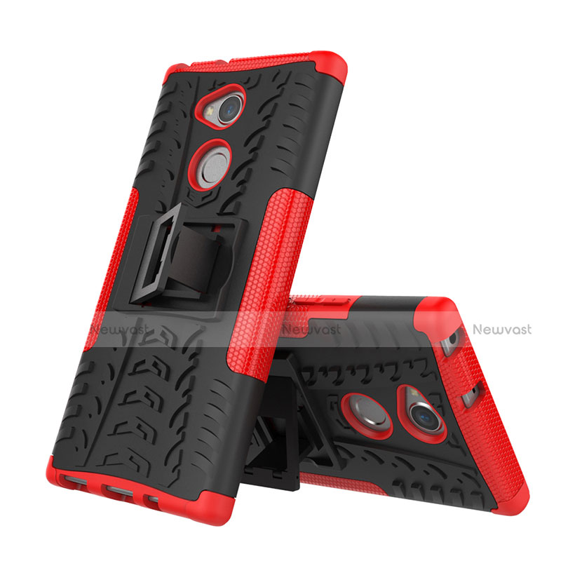 Silicone Matte Finish and Plastic Back Cover Case with Stand for Sony Xperia XA2 Red