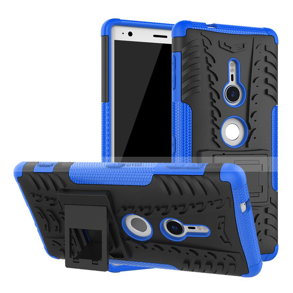 Silicone Matte Finish and Plastic Back Cover Case with Stand for Sony Xperia XZ2 Blue