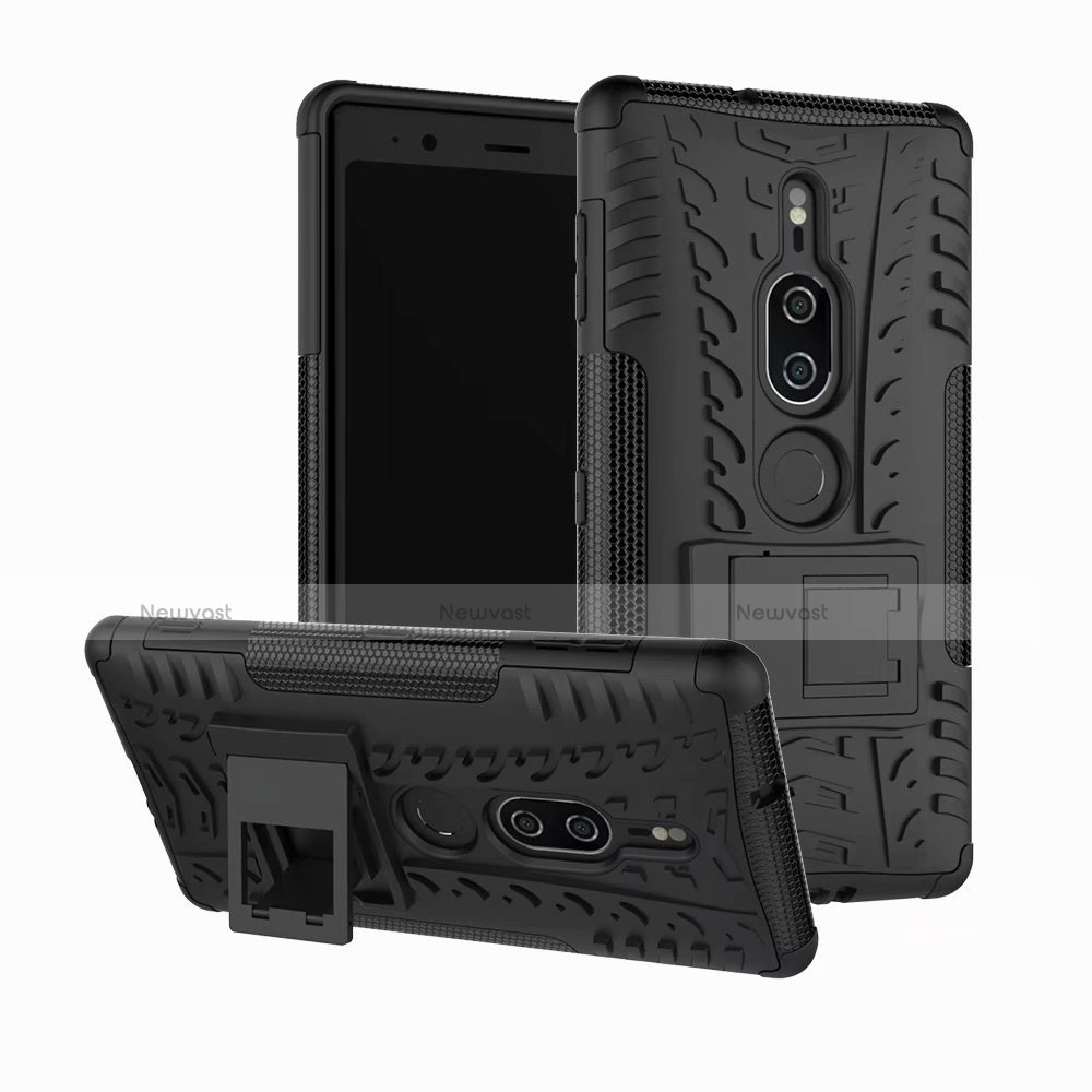 Silicone Matte Finish and Plastic Back Cover Case with Stand for Sony Xperia XZ2 Premium Black
