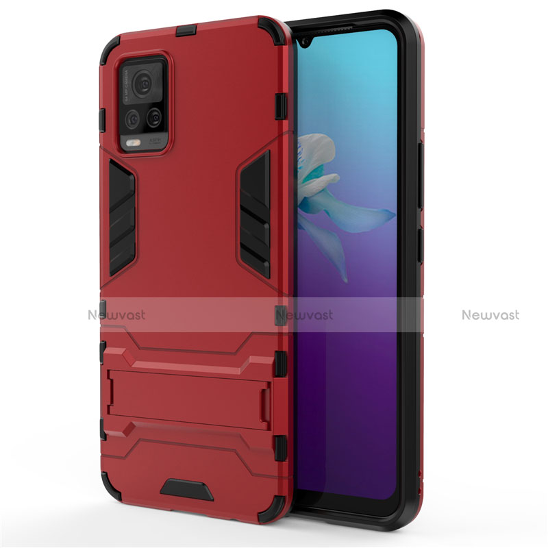 Silicone Matte Finish and Plastic Back Cover Case with Stand for Vivo V20 Red