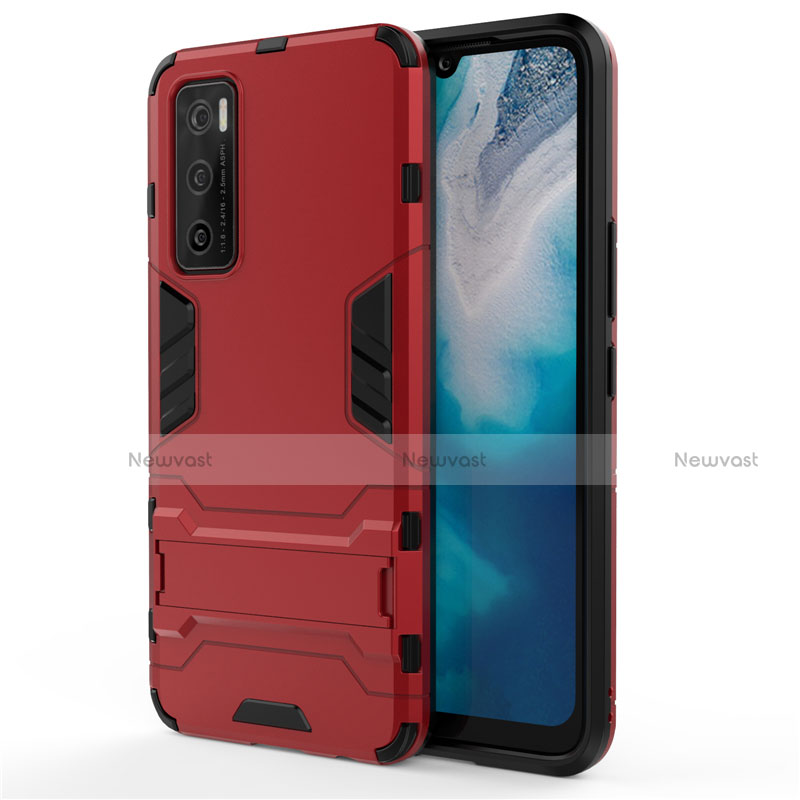 Silicone Matte Finish and Plastic Back Cover Case with Stand for Vivo V20 SE Red