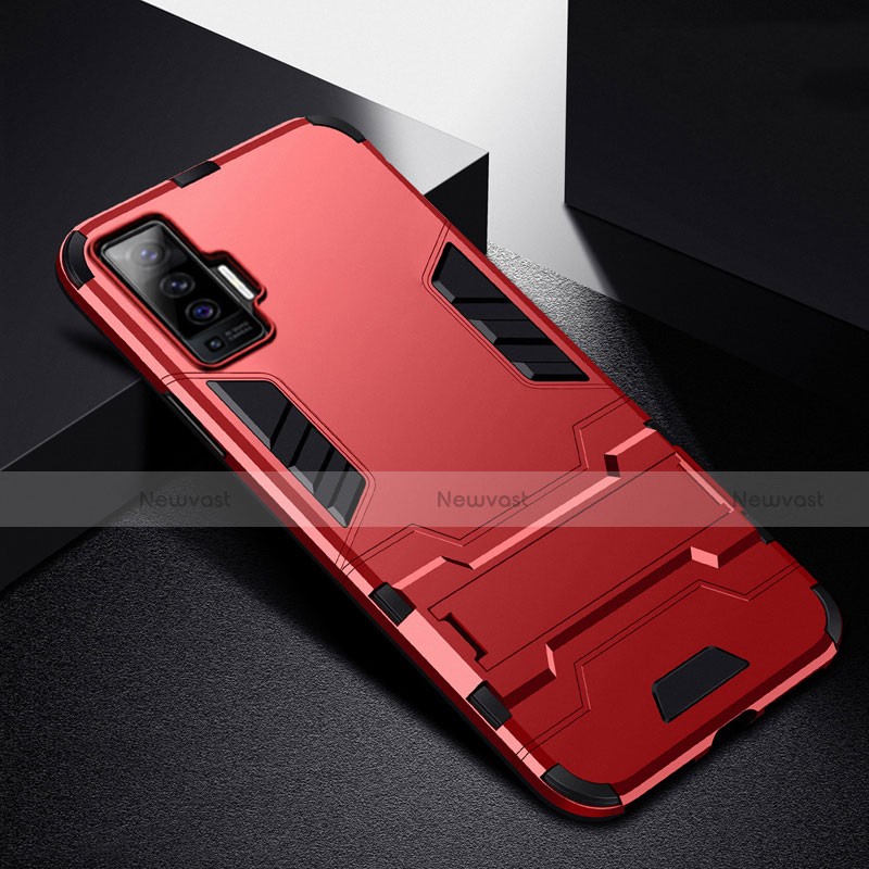Silicone Matte Finish and Plastic Back Cover Case with Stand for Vivo X50 5G Red