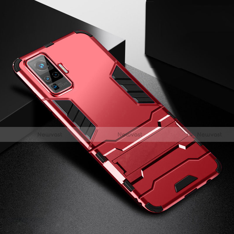Silicone Matte Finish and Plastic Back Cover Case with Stand for Vivo X51 5G Red