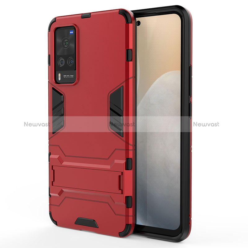 Silicone Matte Finish and Plastic Back Cover Case with Stand for Vivo X60 Pro 5G Red