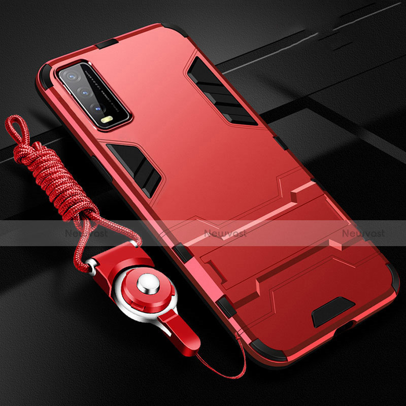 Silicone Matte Finish and Plastic Back Cover Case with Stand for Vivo Y11s Red