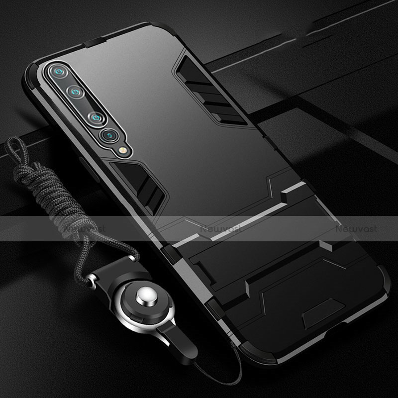 Silicone Matte Finish and Plastic Back Cover Case with Stand for Xiaomi Mi 10 Black