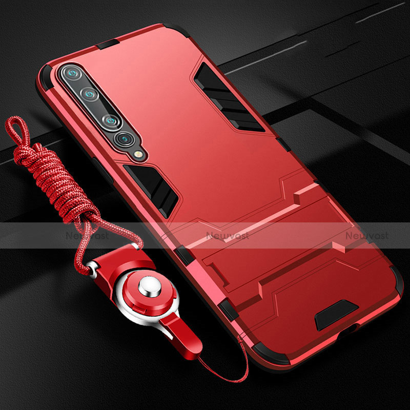 Silicone Matte Finish and Plastic Back Cover Case with Stand for Xiaomi Mi 10 Red