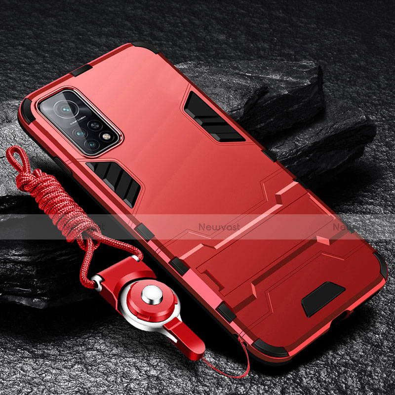 Silicone Matte Finish and Plastic Back Cover Case with Stand for Xiaomi Mi 10T 5G Red