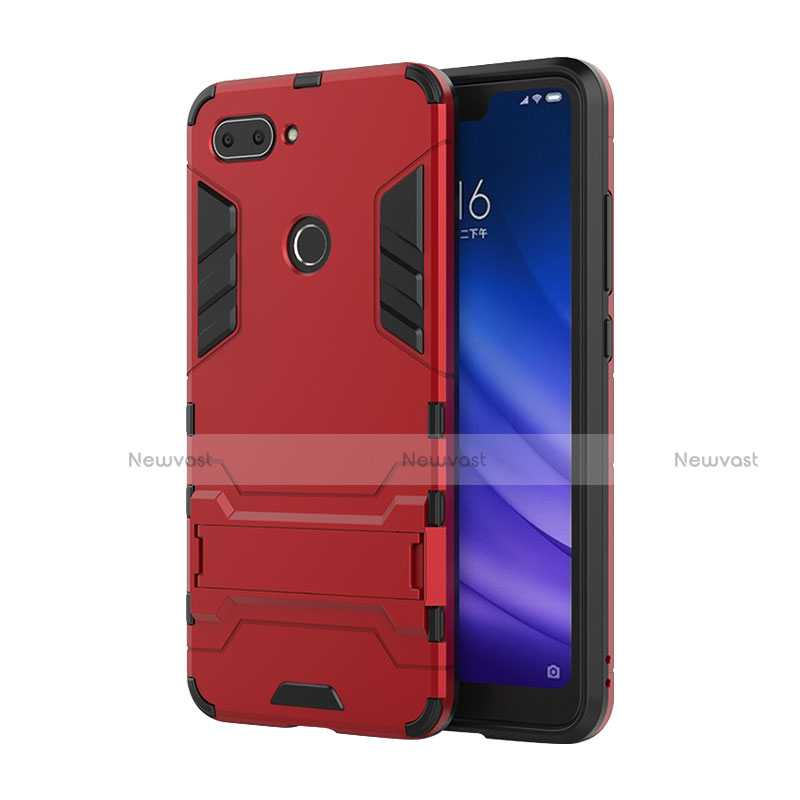 Silicone Matte Finish and Plastic Back Cover Case with Stand for Xiaomi Mi 8 Lite Red