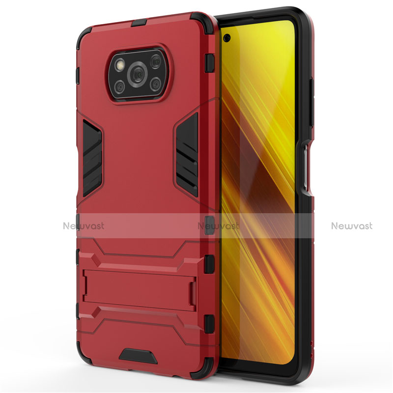 Silicone Matte Finish and Plastic Back Cover Case with Stand for Xiaomi Poco X3 Pro Red