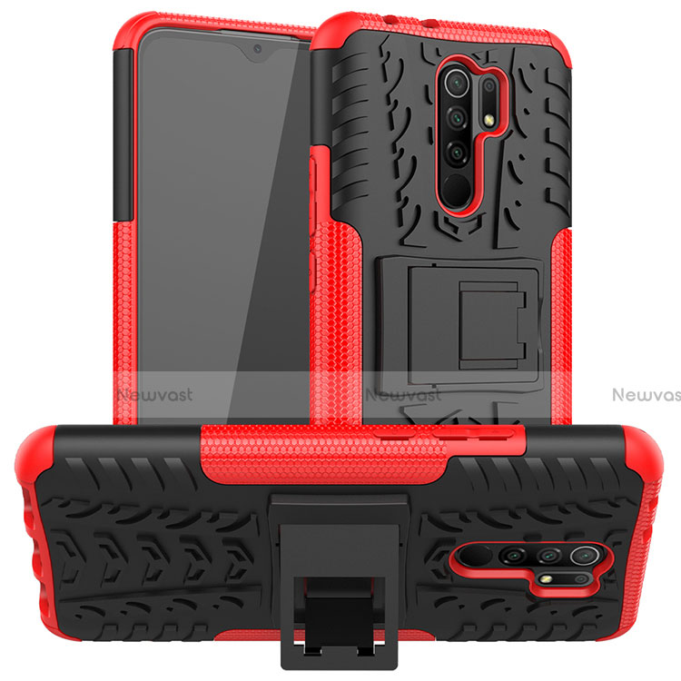 Silicone Matte Finish and Plastic Back Cover Case with Stand for Xiaomi Redmi 9 Prime India Red