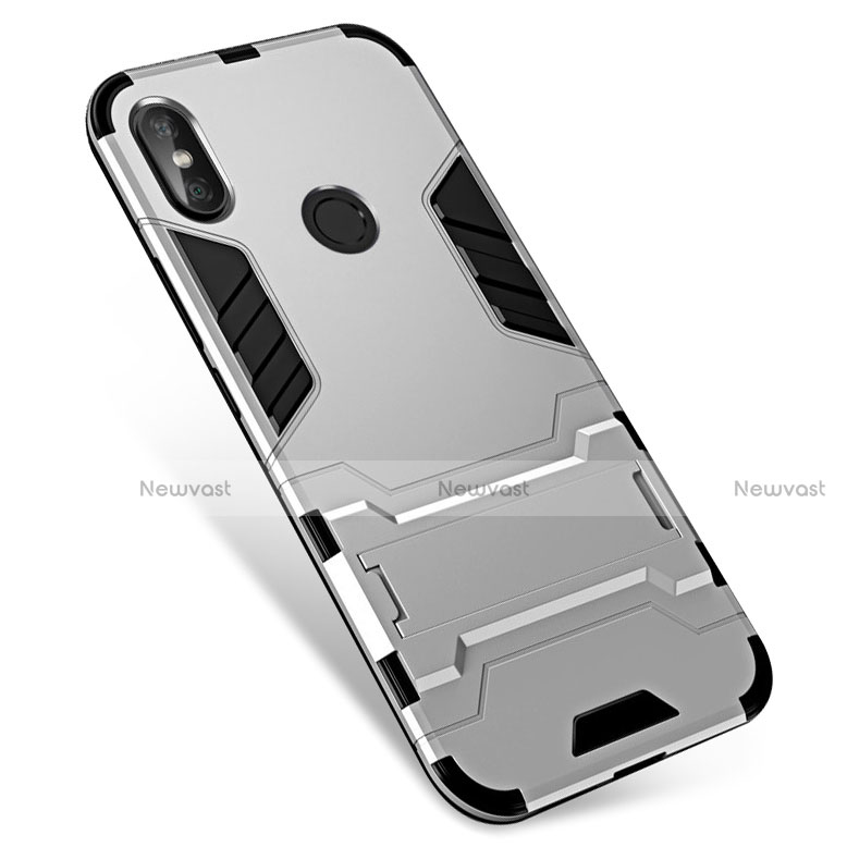 Silicone Matte Finish and Plastic Back Cover Case with Stand for Xiaomi Redmi Note 5 AI Dual Camera Silver