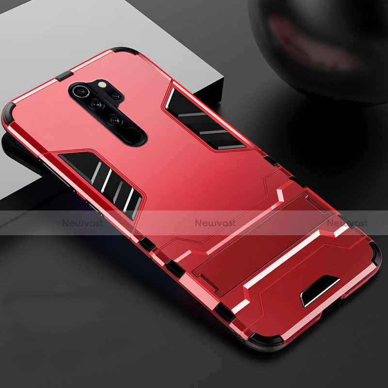 Silicone Matte Finish and Plastic Back Cover Case with Stand for Xiaomi Redmi Note 8 Pro Red