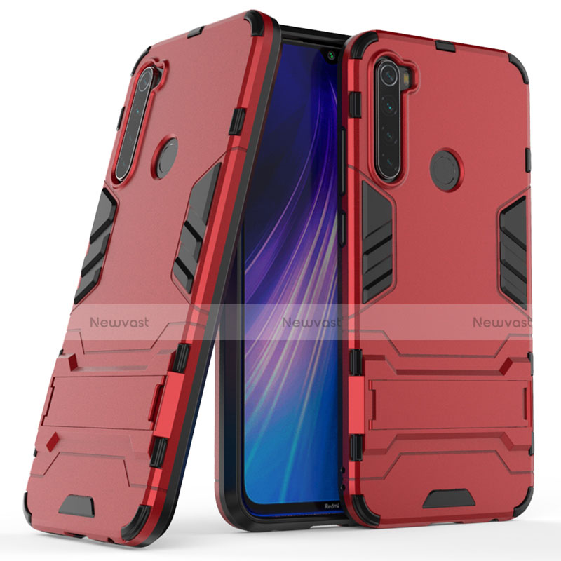 Silicone Matte Finish and Plastic Back Cover Case with Stand for Xiaomi Redmi Note 8 Red