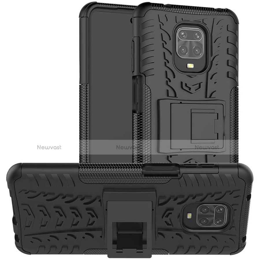 Silicone Matte Finish and Plastic Back Cover Case with Stand for Xiaomi Redmi Note 9 Pro Black