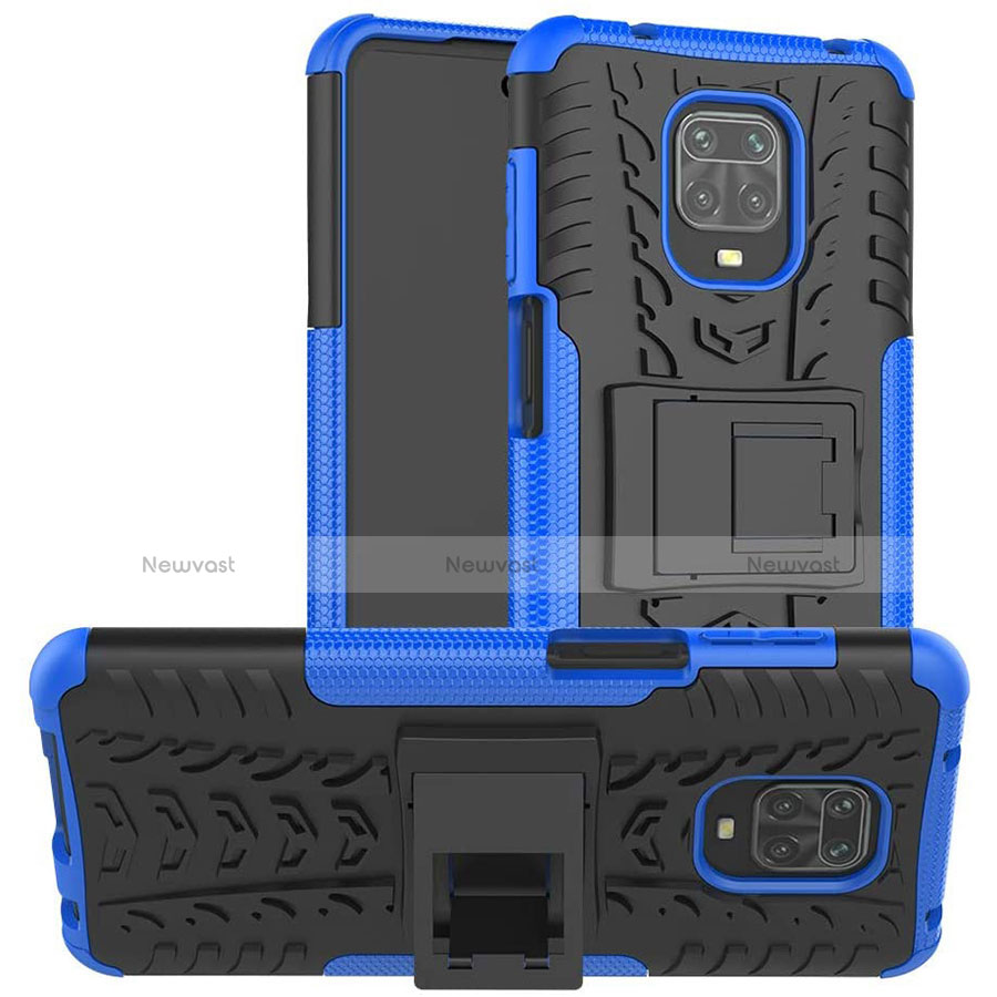 Silicone Matte Finish and Plastic Back Cover Case with Stand for Xiaomi Redmi Note 9 Pro Blue