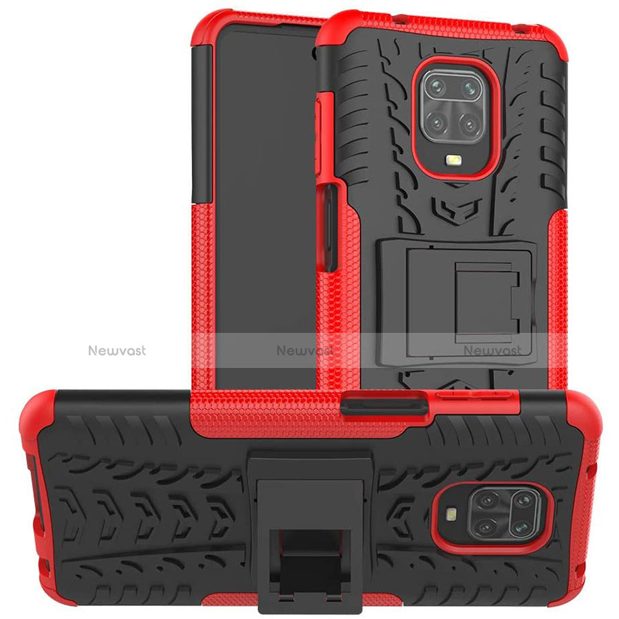Silicone Matte Finish and Plastic Back Cover Case with Stand for Xiaomi Redmi Note 9 Pro Red