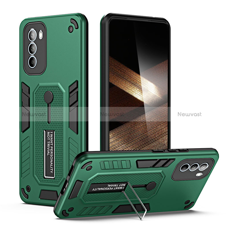 Silicone Matte Finish and Plastic Back Cover Case with Stand H01P for Motorola Moto G41 Green