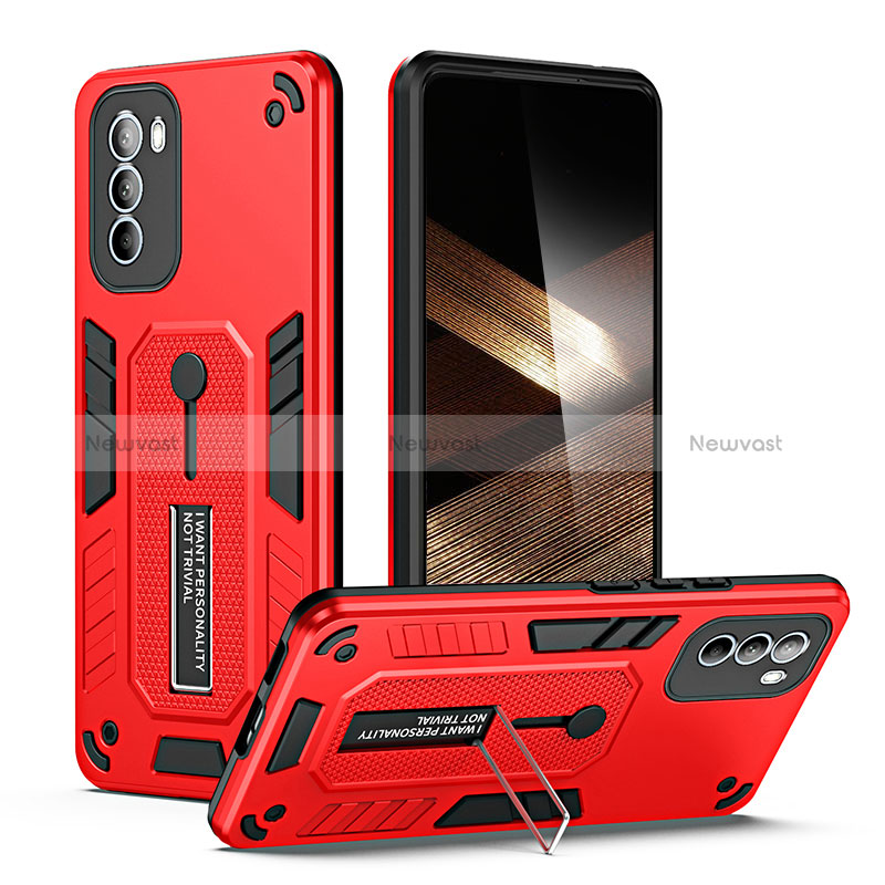 Silicone Matte Finish and Plastic Back Cover Case with Stand H01P for Motorola Moto G41 Red