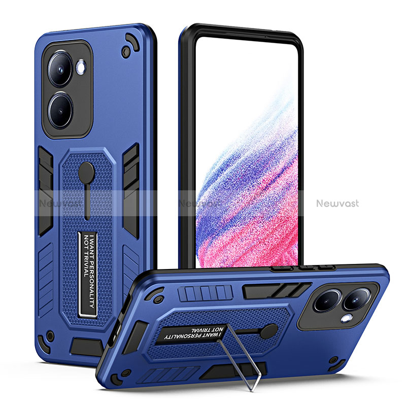 Silicone Matte Finish and Plastic Back Cover Case with Stand H01P for Realme 10 Pro 5G Blue