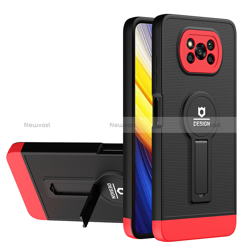Silicone Matte Finish and Plastic Back Cover Case with Stand H01P for Xiaomi Poco X3 NFC Red and Black